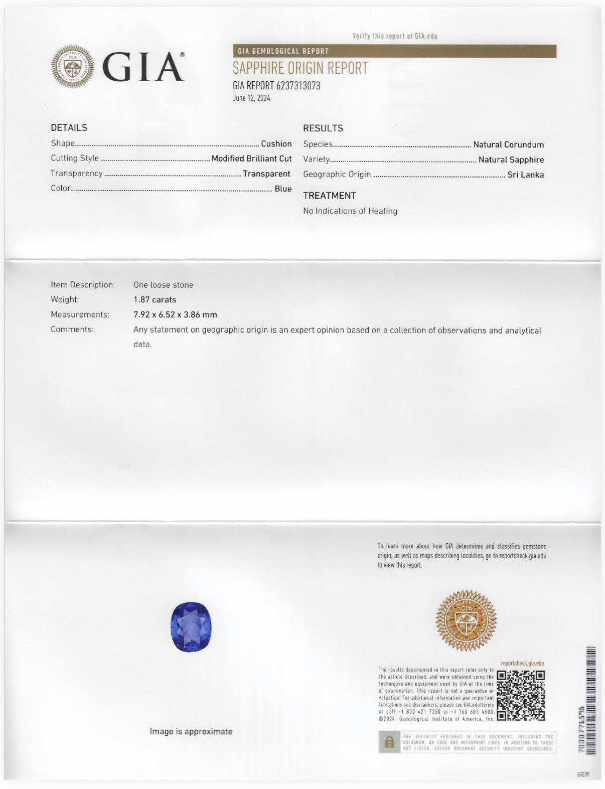 1.87 CT GIA CERTIFIED SRI LANKA NATURAL BLUE SAPPHIRE - NO HEAT