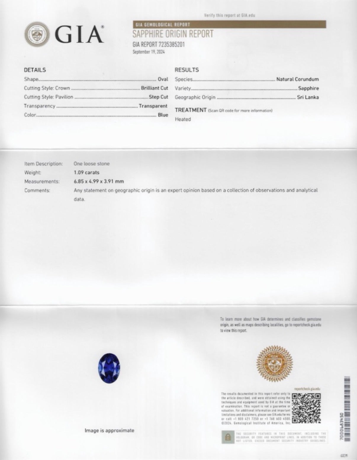 1.09 CT GIA CERTIFIED SRI LANKA NATURAL BLUE SAPPHIRE