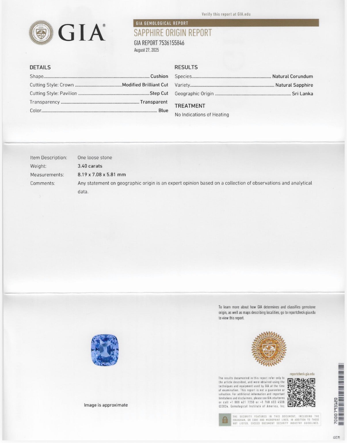 3.40 CT GIA CERTIFIED SRI LANKA NATURAL BLUE SAPPHIRE - NO HEAT