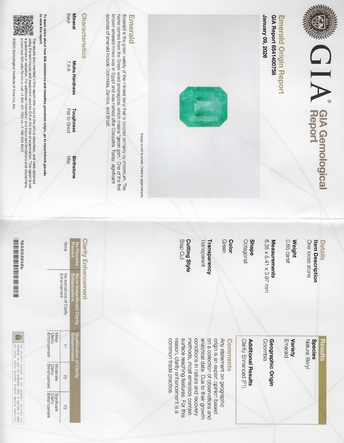 .85 CT GIA CERTIFIED COLOMBIAN NATURAL EMERALD