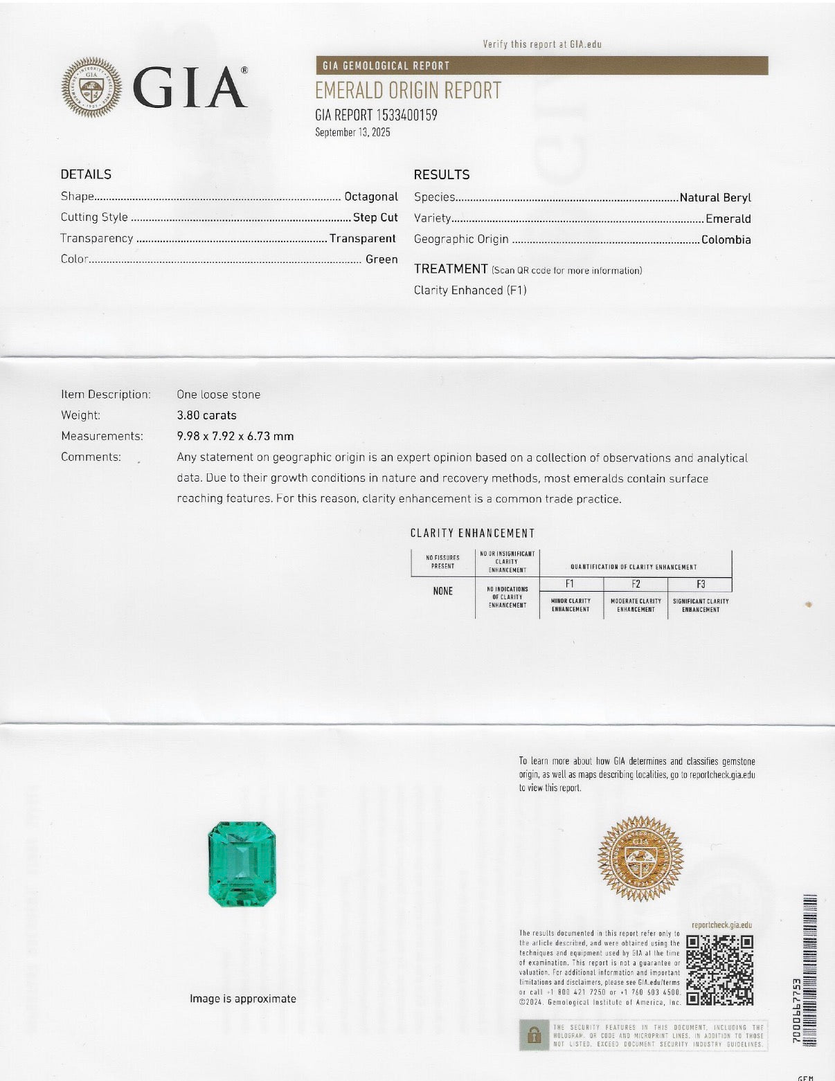 3.80 CT GIA CERTIFIED COLOMBIAN NATURAL EMERALD