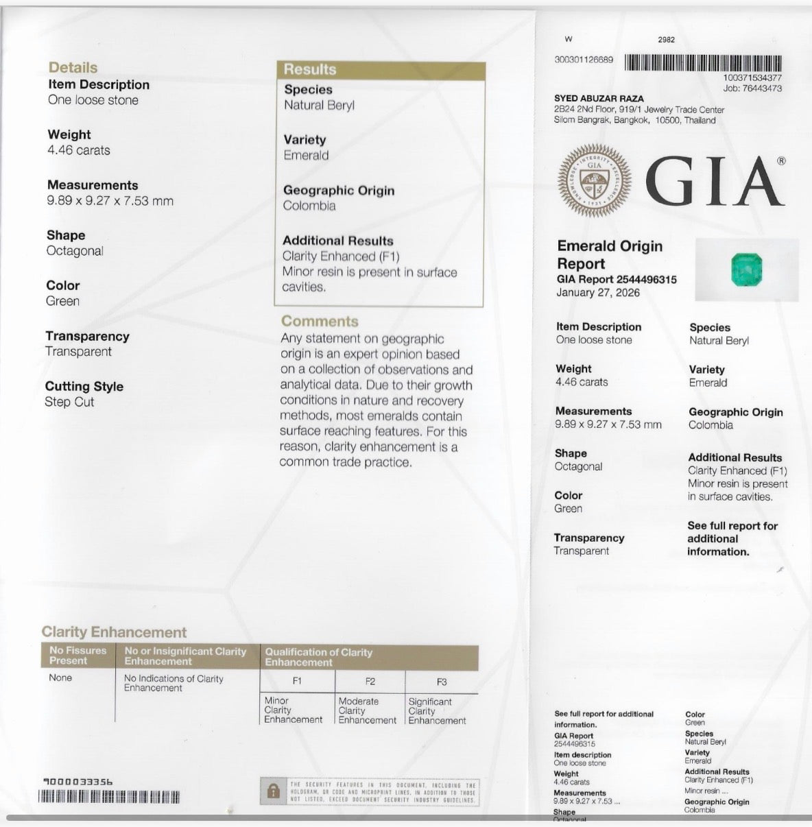 4.46 CT GIA CERTIFIED COLOMBIAN NATURAL EMERALD