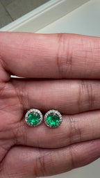1.30 CT COLOMBIAN EMERALD & NATURAL DIAMOND HALO EARRINGS